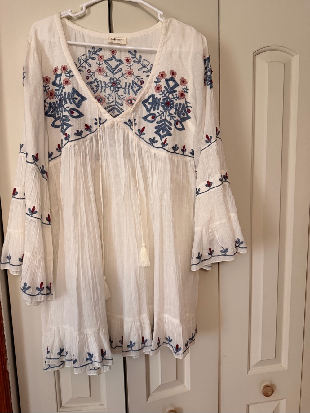 Embroidered White Boho Peasant Dress - Blue & Red Detail